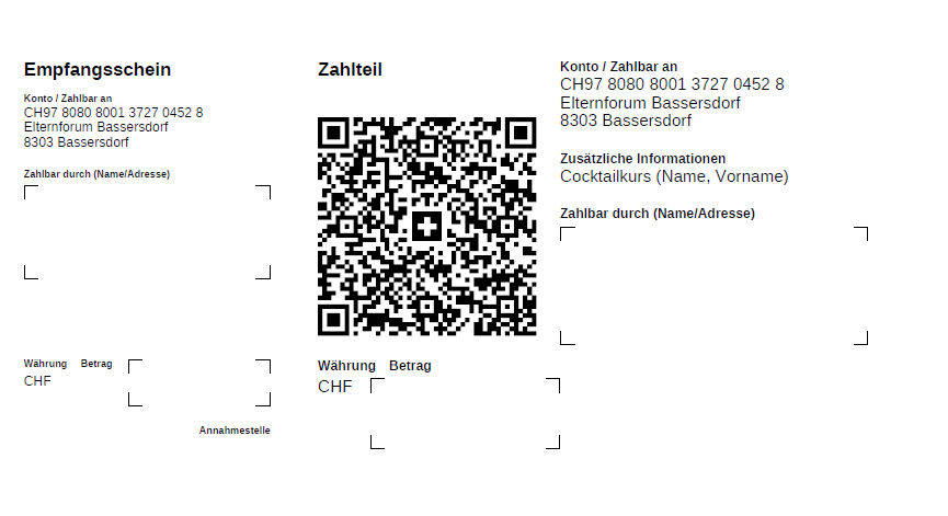 Einzahlungsschein Cocktailkurs
